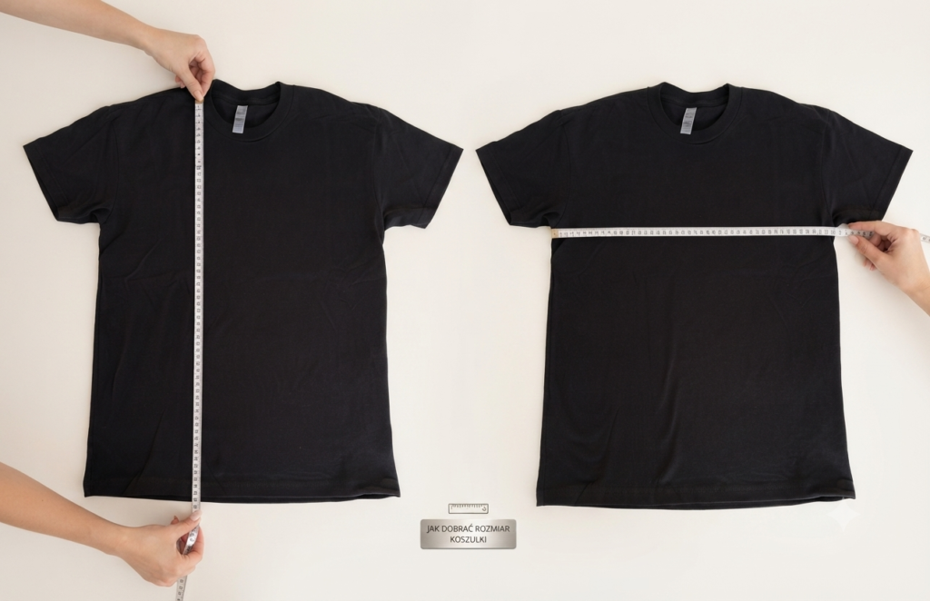 Instrukcja pomiaru czarnego t-shirtu: po lewej ręce trzymają miarkę mierzącą długość od ramienia do dołu, a po prawej miarkę mierzącą szerokość pod pachami. Obraz służy do doboru właściwego rozmiaru koszulki.