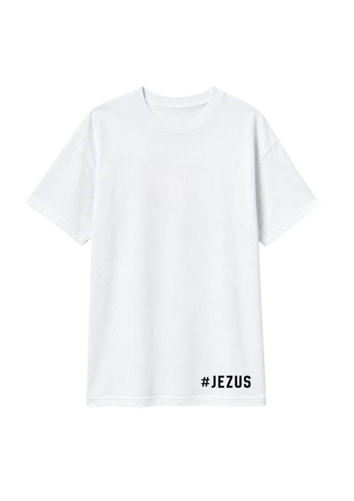 Biała koszulka z Jezusem z małym czarnym nadrukiem #JEZUS z przodu